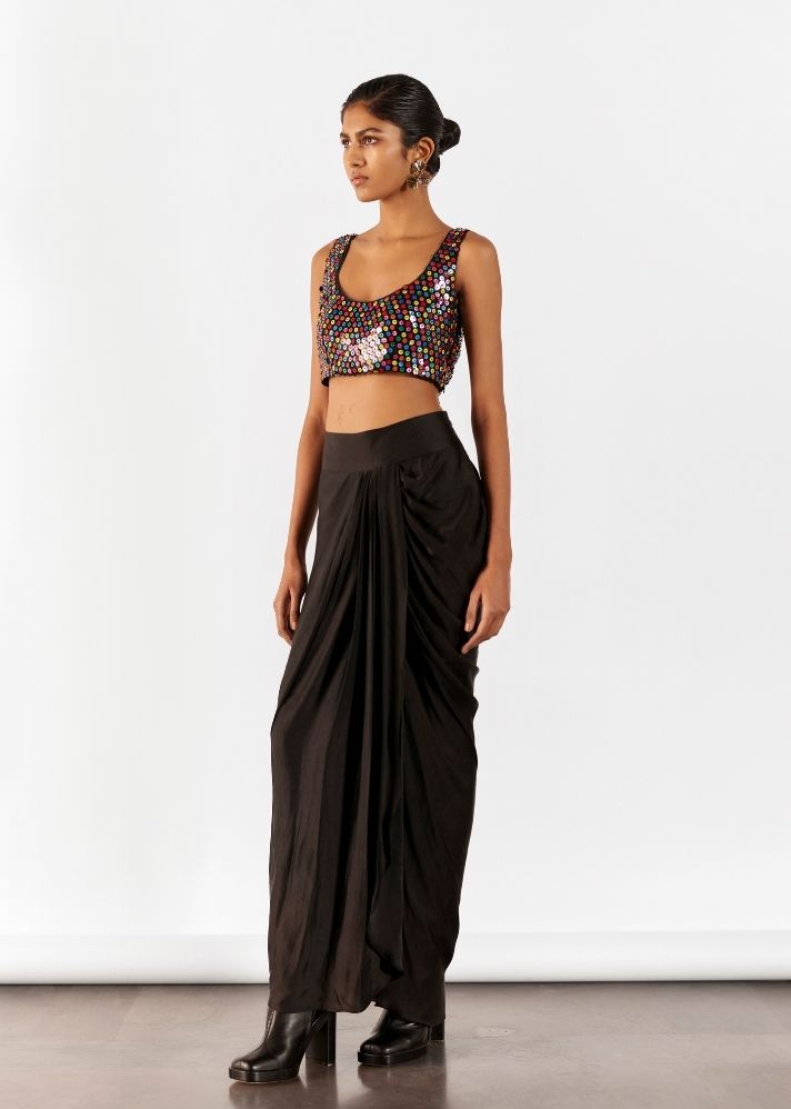A Model Wearing Black Organic Cupro Firefly Blouse And Draped Skirt, curated by Only Ethikal