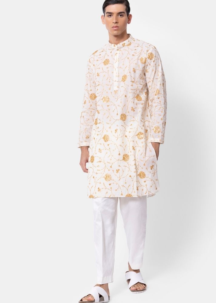 A Model Wearing Multicolor Pure Cotton THE FLORIAN KURTA PYJAMA SET, curated by Only Ethikal