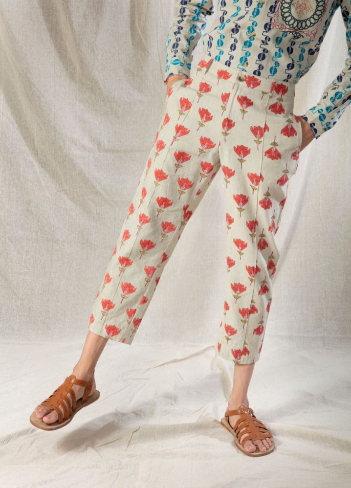 A model wearing Block Printed Multicolor Handwoven Cotton Rose Capris, curated by Only Ethikal