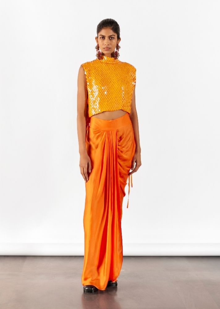 A Model Wearing Orange Organic Cupro Zinnia Embroidered Top With Draped Skirt Co-Ord, curated by Only Ethikal