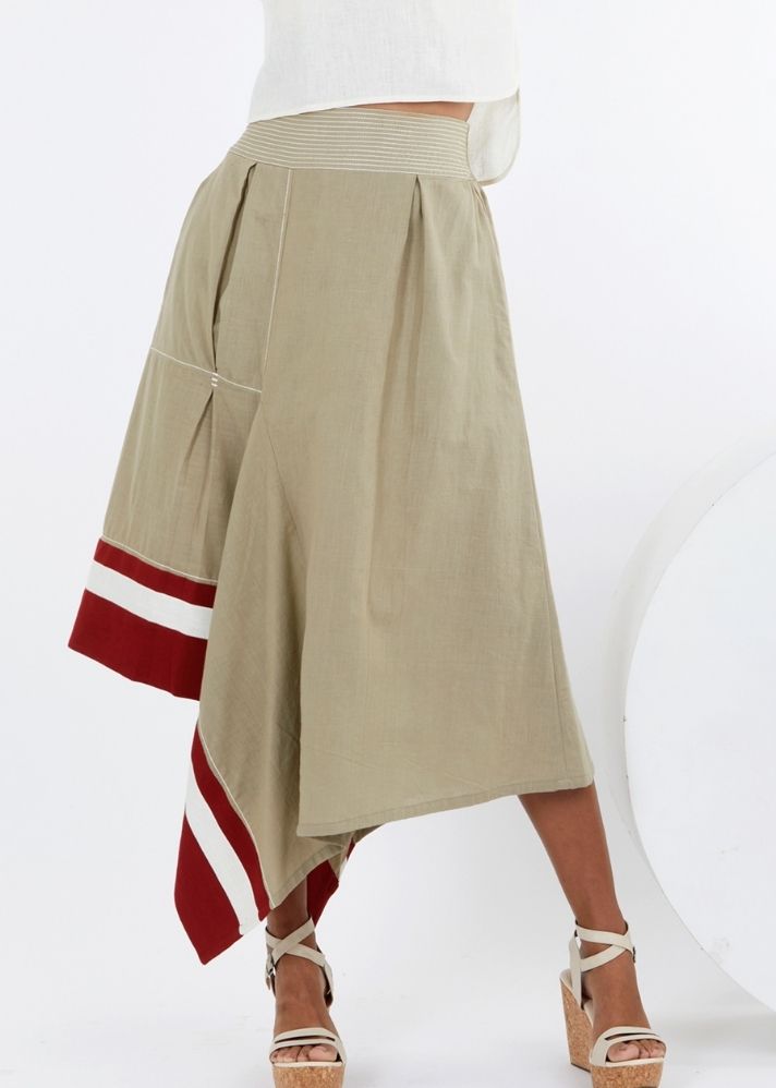 A Model Wearing Beige Pure Cotton Toasted Terraced Skirt Grey-Beige Skirt, curated by Only Ethikal