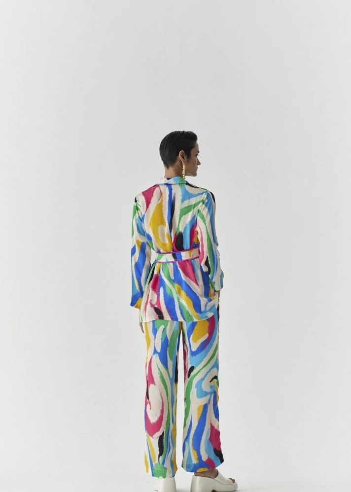 A Model Wearing Multicolor Organic Cupro Brush Stroke Blazer Shirt And Trousers Co-Ord, curated by Only Ethikal
