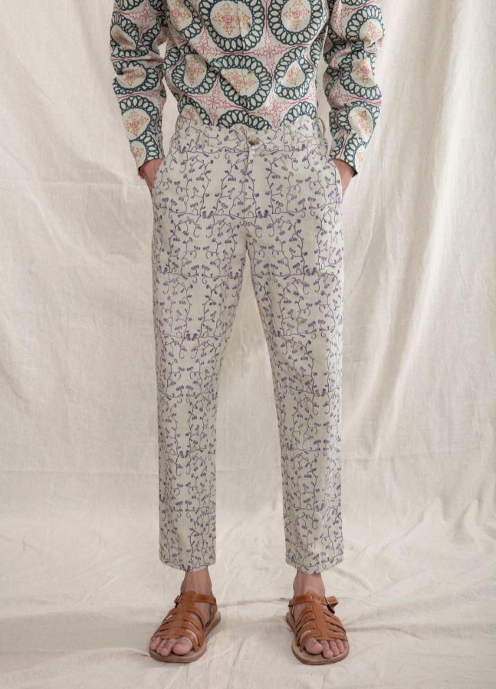 A model wearing Block Printed Multicolor Handwoven Cotton Cropped Pants, curated by Only Ethikal