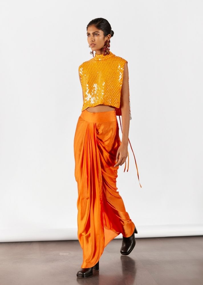 A Model Wearing Orange Organic Cupro Zinnia Embroidered Top With Draped Skirt Co-Ord, curated by Only Ethikal