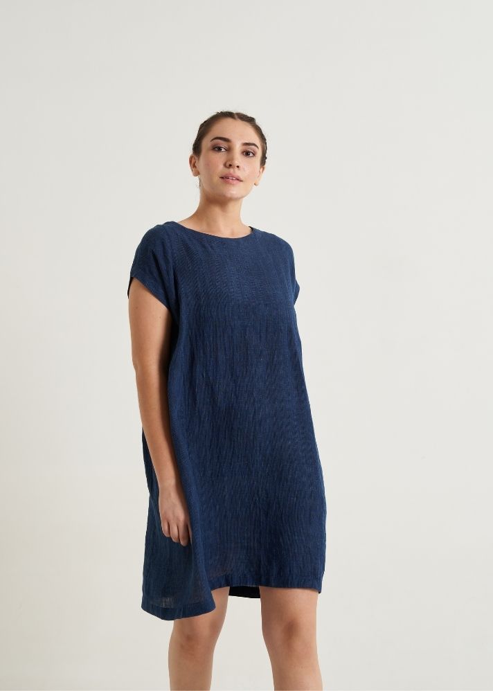 A Model Wearing Blue Handwoven Cotton Ocean Blue Short Dress, curated by Only Ethikal