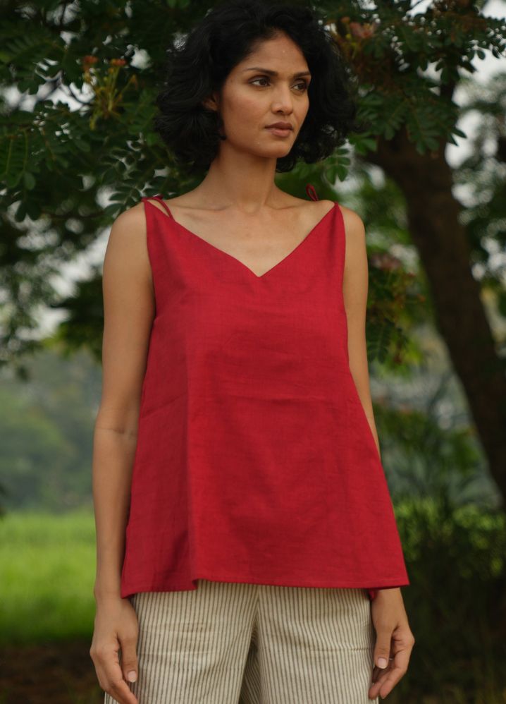 A Model Wearing  Red Pure Cotton Zing Rayon Red Top, curated by Only Ethikal
