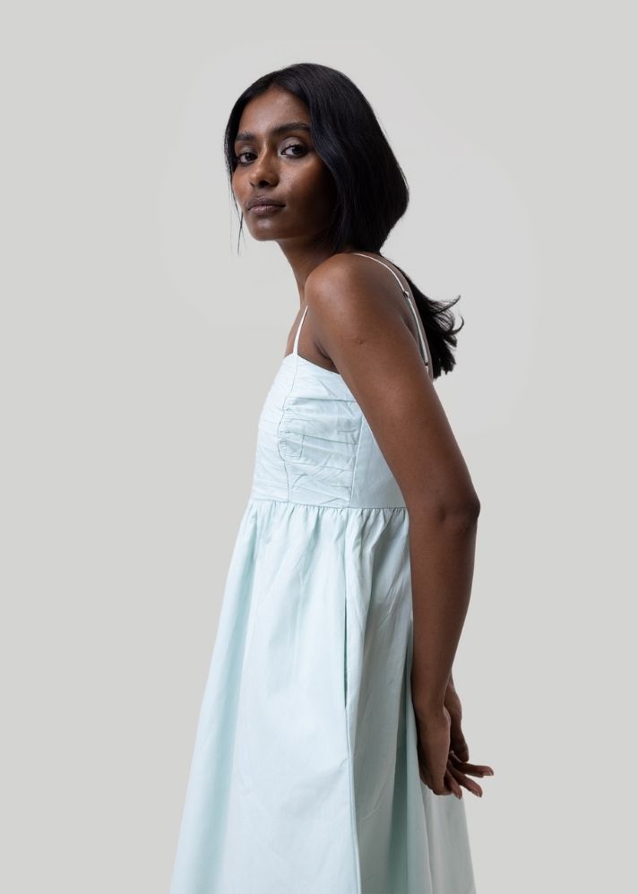 A Model Wearing Mint Pure Cotton Ruched Strappy Mini Dress Mint, curated by Only Ethikal
