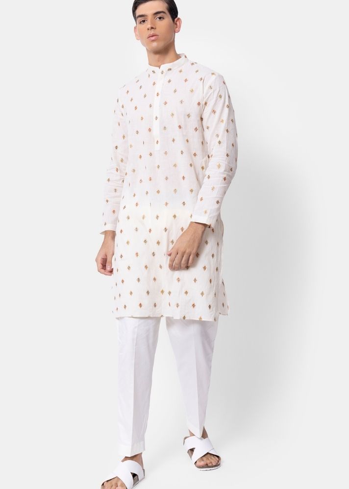 A Model Wearing Multicolor Pure Cotton THE IVORY KURTA PYJAMA SET, curated by Only Ethikal