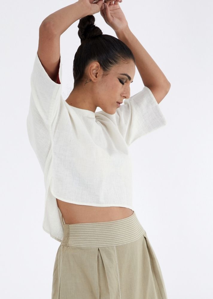 A Model Wearing White Pure Cotton Ivory Crop Top Natural White Top, curated by Only Ethikal