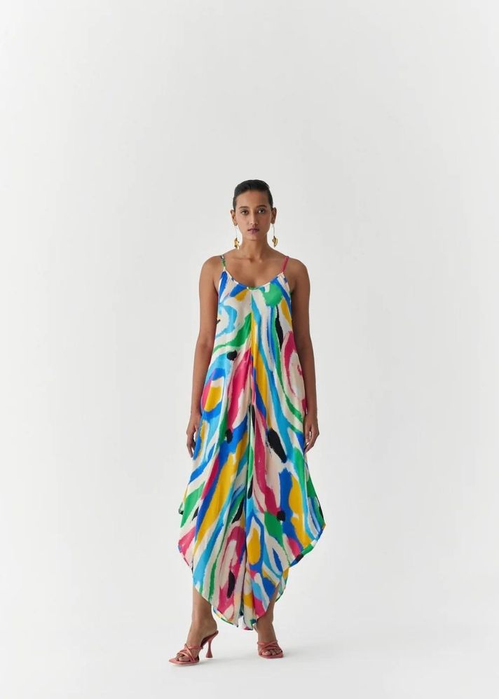 A Model Wearing Multicolor Organic Cupro Brushstroke Jumpsuit, curated by Only Ethikal