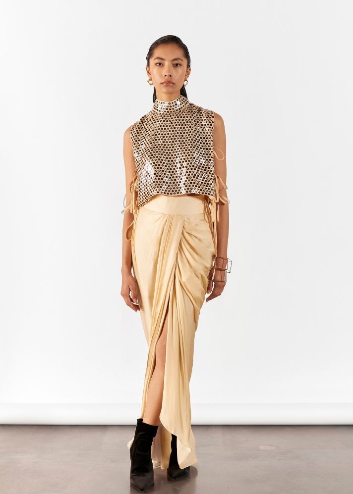 A Model Wearing Beige Organic Cupro Champagne Embroidered Top & Draped Skirt, curated by Only Ethikal
