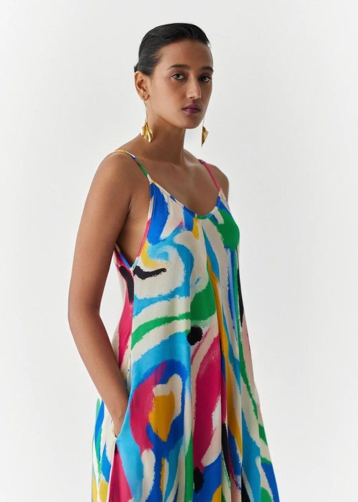 A Model Wearing Multicolor Organic Cupro Brushstroke Jumpsuit, curated by Only Ethikal