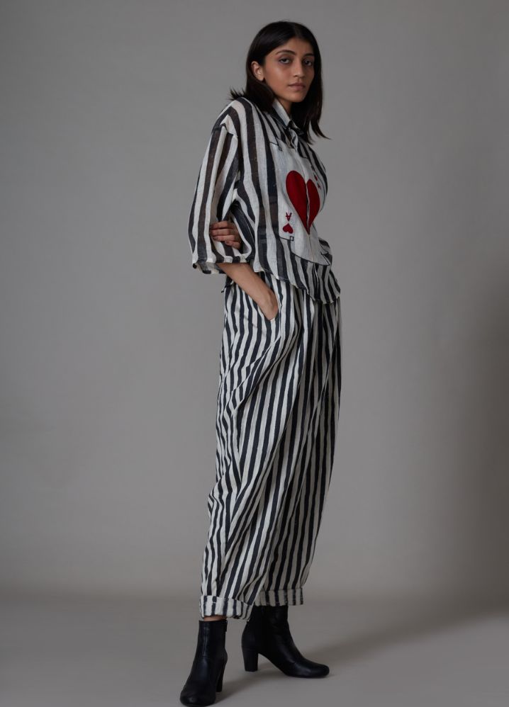 A Model Wearing Stripped Multicolor Linen Ikka Linen Shirt- Black Stripe, curated by Only Ethikal