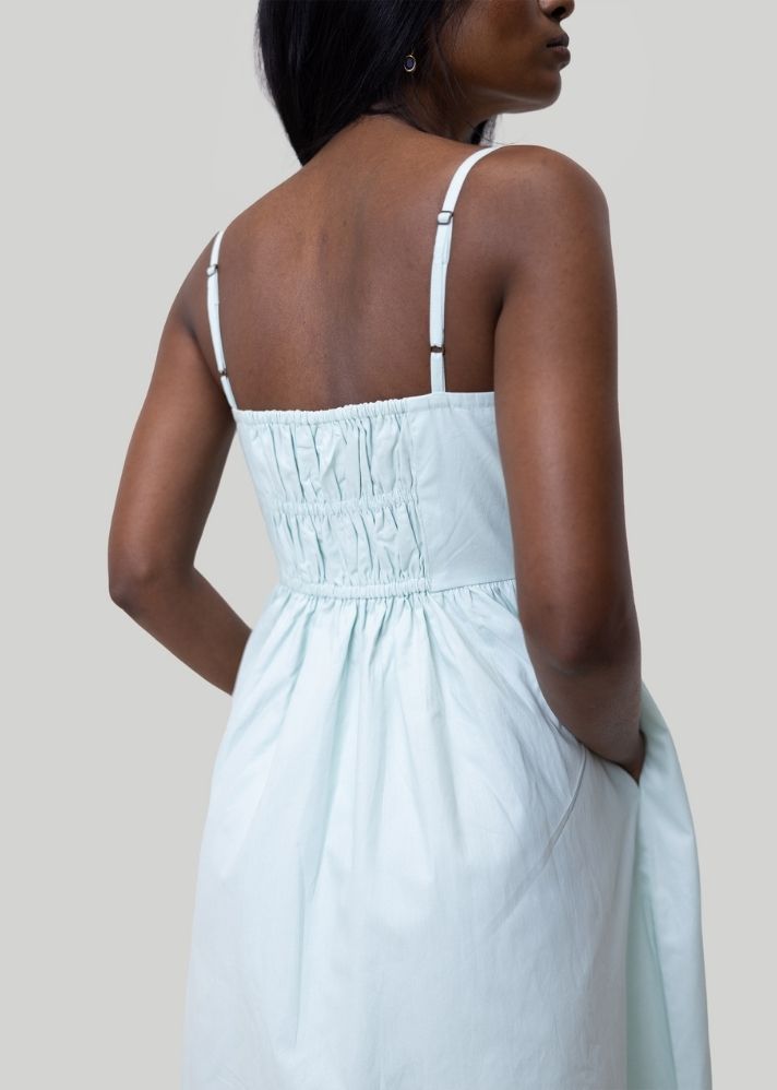 A Model Wearing Mint Pure Cotton Ruched Strappy Mini Dress Mint, curated by Only Ethikal