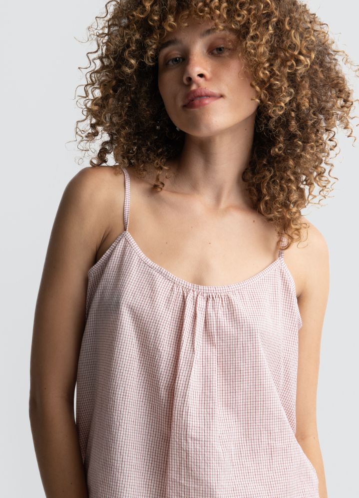 A Model Wearing Multicolor Handwoven Cotton Checkered cami top, curated by Only Ethikal