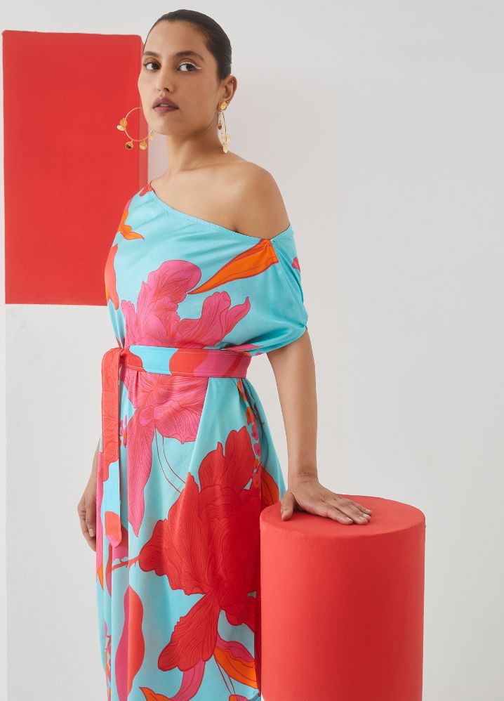 A Model Wearing  Digital Print Multicolor Bemberg Blue Rose Draped Dress, curated by Only Ethikal