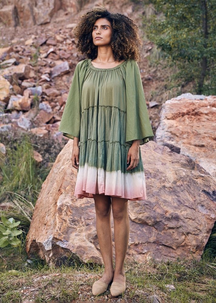 A Model Wearing Green Pure Cotton Afar Times Dress, curated by Only Ethikal