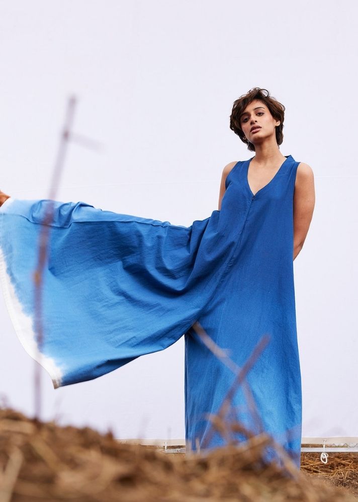 A Model Wearing Blue Cotton Khadi Marine Jumpsuit, curated by Only Ethikal