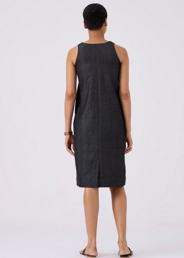 A Model Wearing Black Organic Cotton Strand Recycled Denim Dress, curated by Only Ethikal