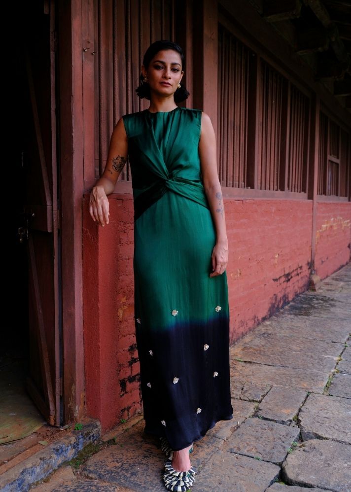 A Model Wearing Green Silk Razia Dress, curated by Only Ethikal