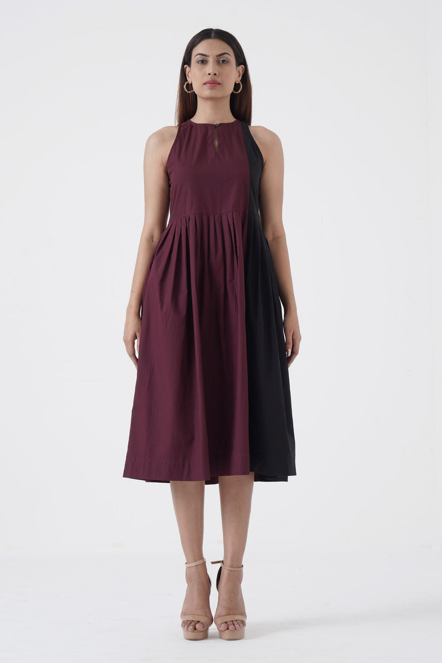 A Model Wearing Brown Pure Cotton Pristine - 70-30 Pleated dress - Wine, curated by Only Ethikal