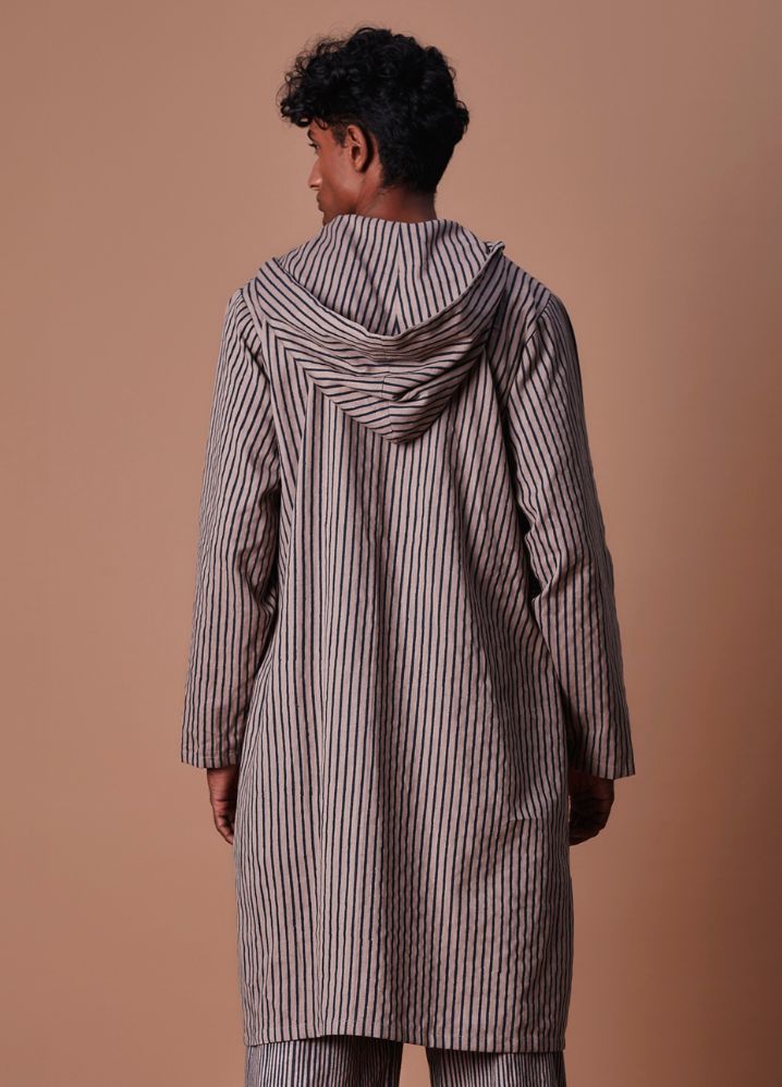 A Model Wearing  Striped Grey Pure Cotton Men's Grey Hooded Striped Kurta, curated by Only Ethikal