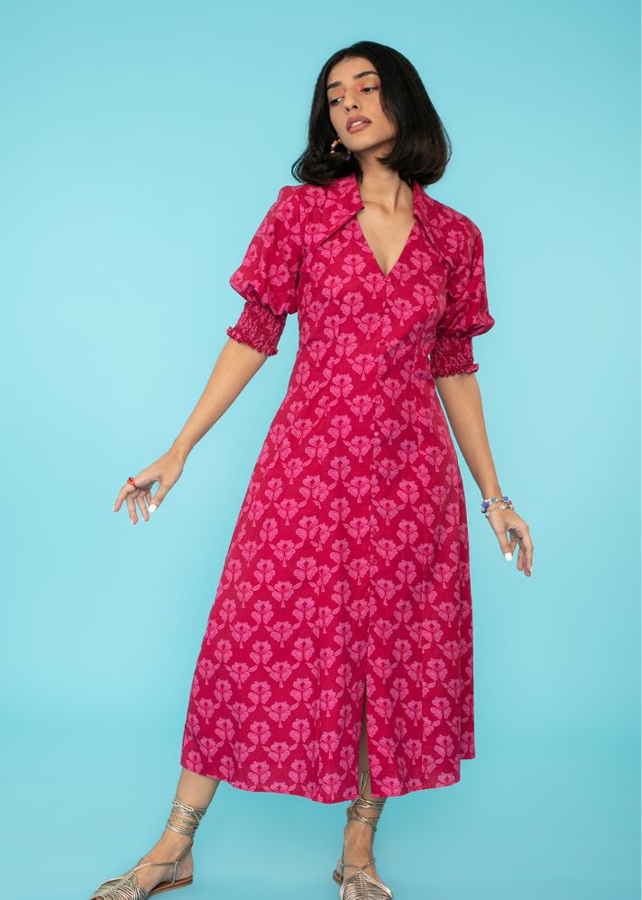 Women wearing Pure Cotton Pink Aster Midi Dress by Label Graph curated by Only ethikal