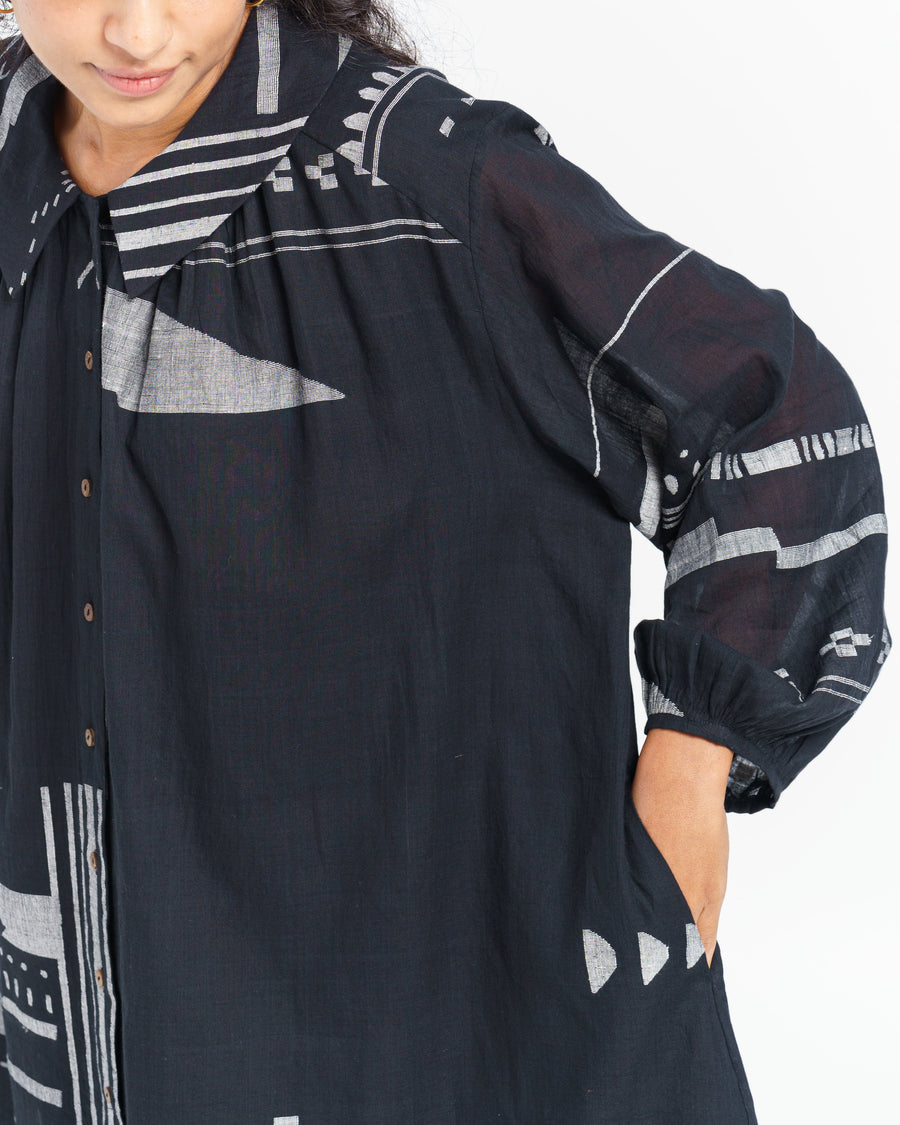 A Model Wearing Black Handwoven Cotton Abstract Patterned Oversized Shirt Dress, curated by Only Ethikal