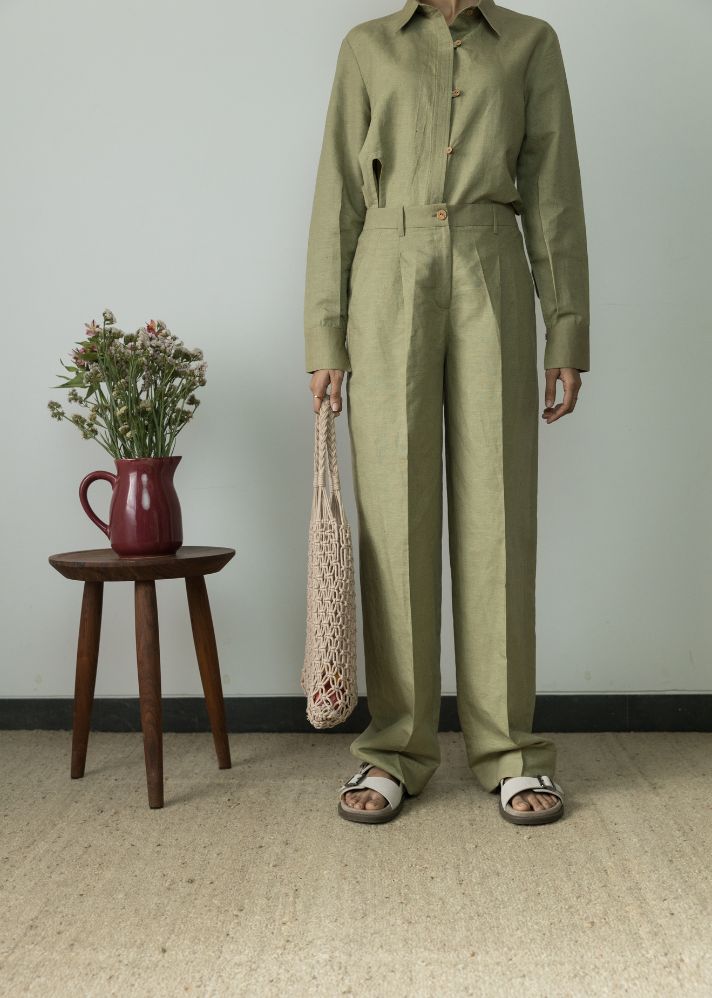 A Model Wearing Green Hemp Puddle Pants, curated by Only Ethikal