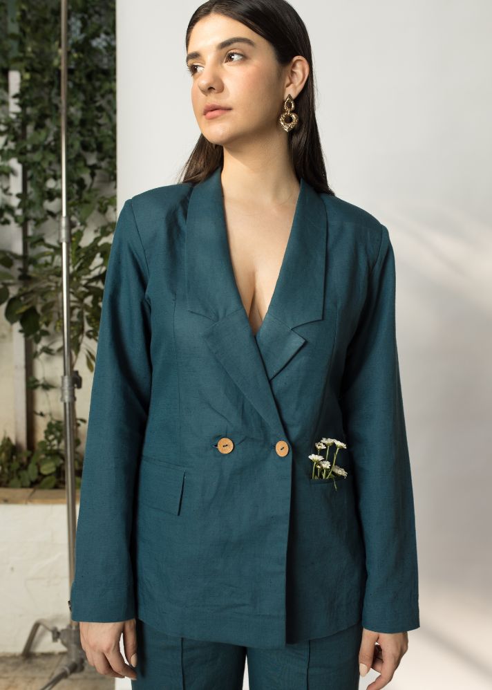 A Model Wearing Green Hemp Double-Breasted Blazer, curated by Only Ethikal