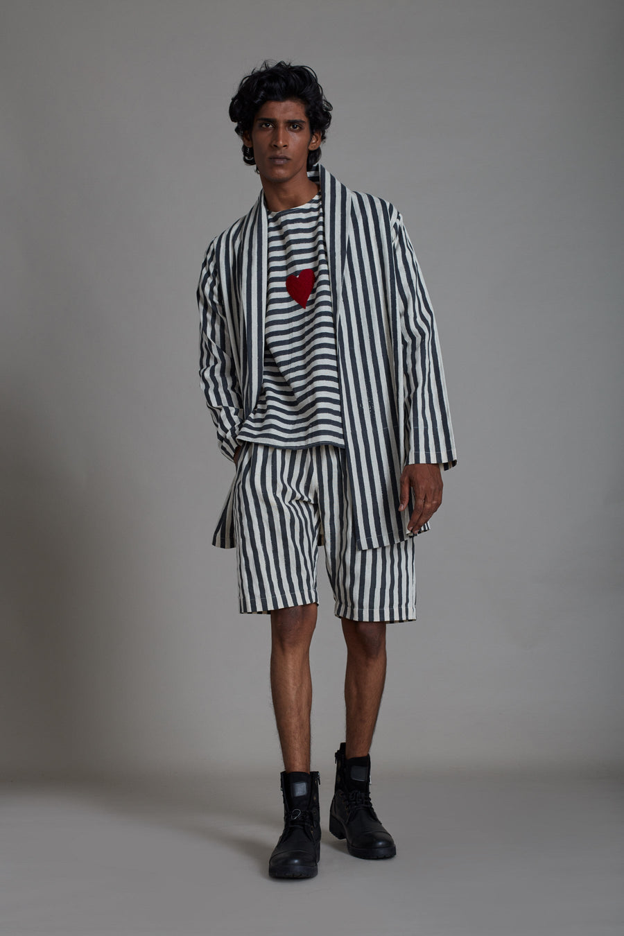 A Model Wearing White Pure Cotton Black Stripe Set - 3 Pcs, curated by Only Ethikal