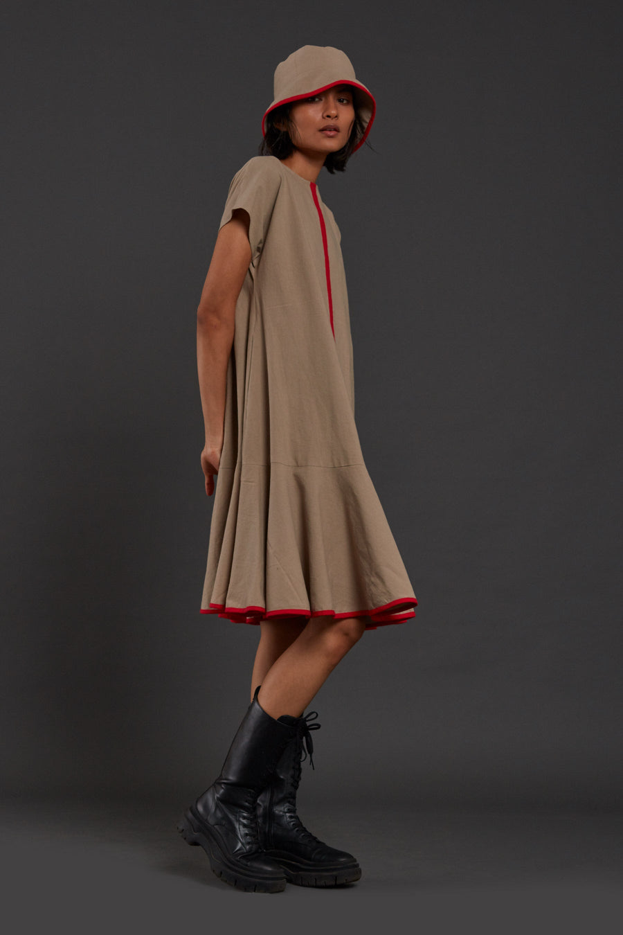 A Model Wearing Beige Pure Cotton Beige A-line Dress, curated by Only Ethikal