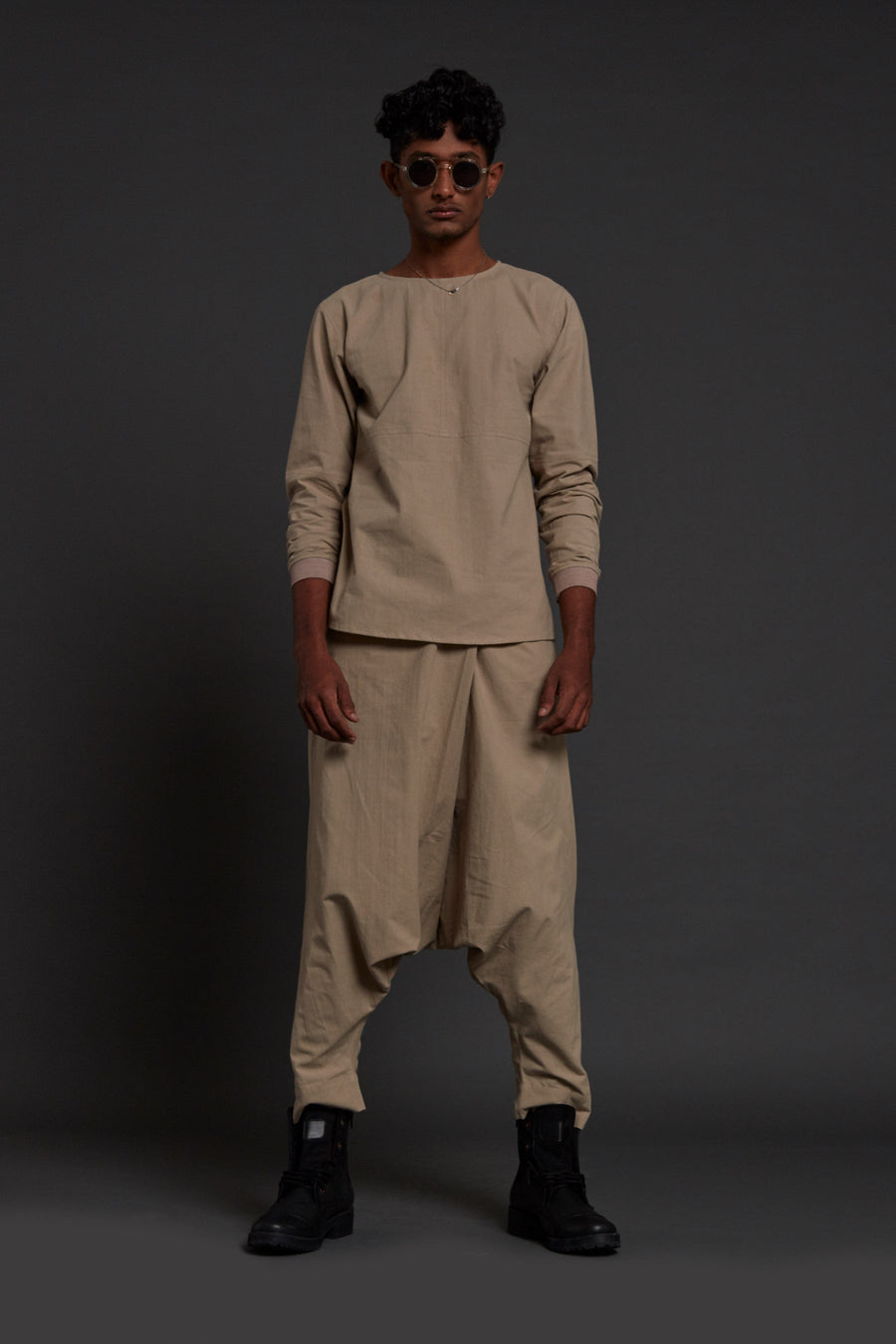 A Model Wearing Beige Pure Cotton Beige Drop Crotch Pants, curated by Only Ethikal