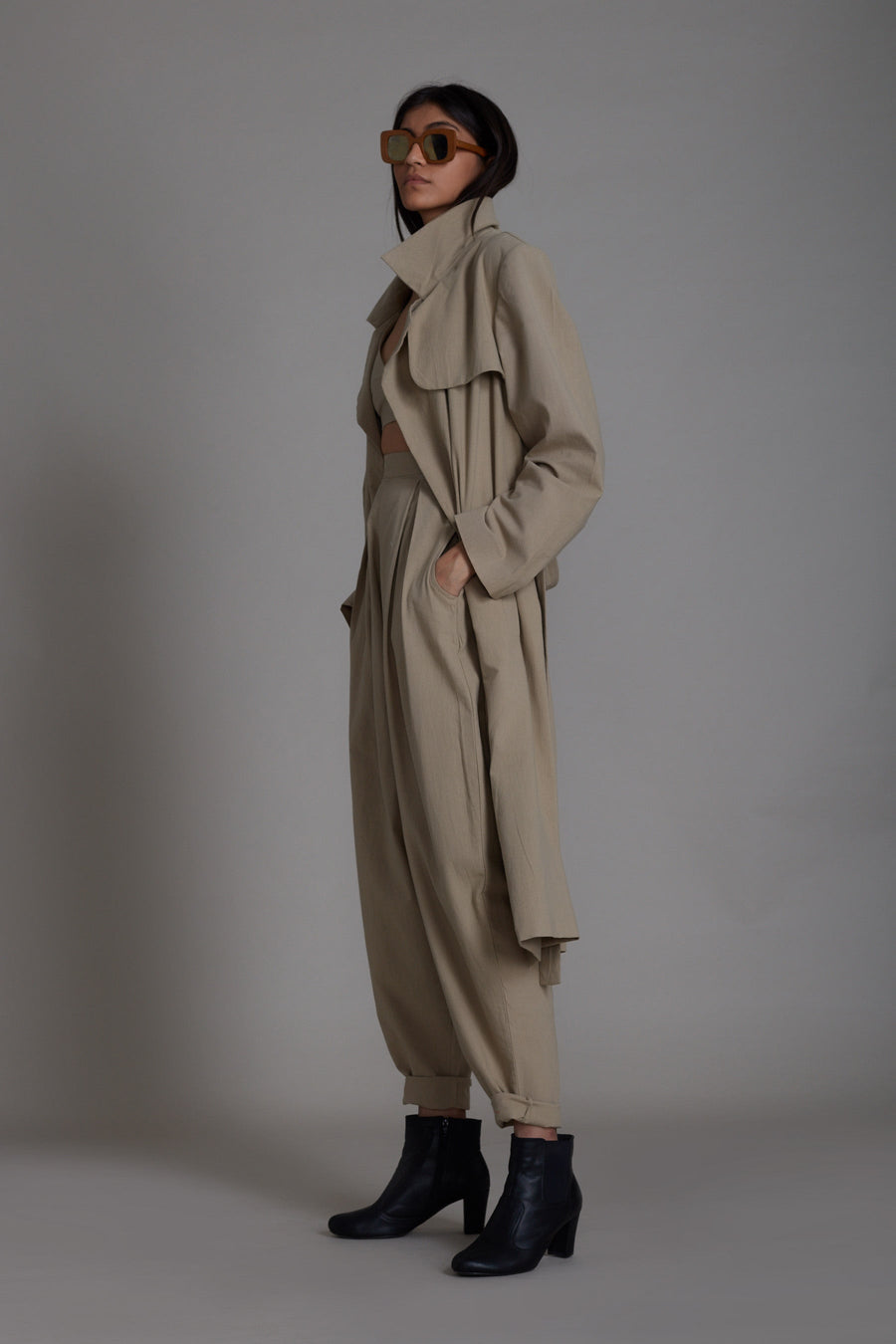 A Model Wearing Beige Pure Cotton Beige Milestone Trench Jacket, curated by Only Ethikal