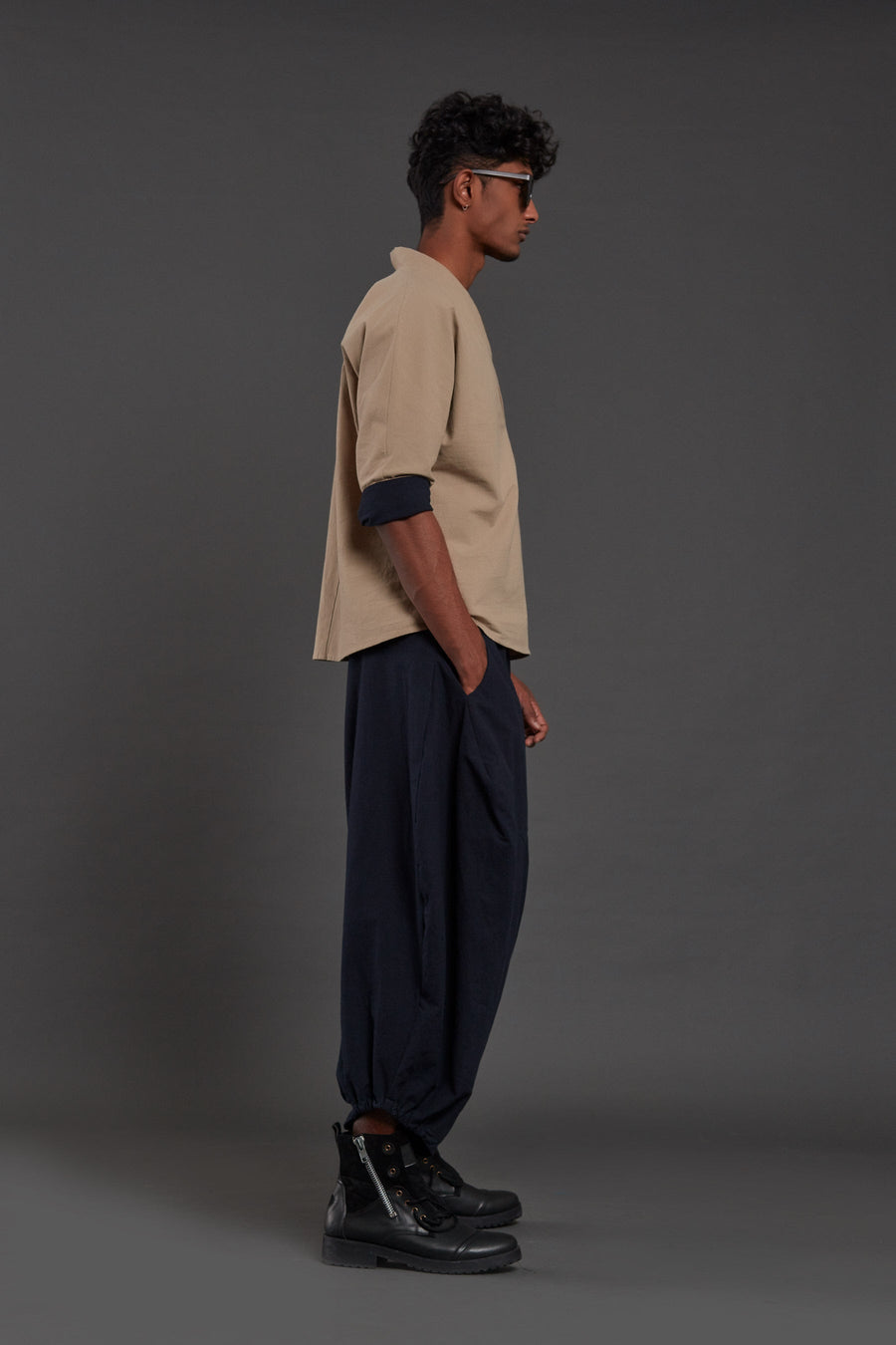 A Model Wearing Beige Pure Cotton Beige & Navy Blue Overlap Baggy Set, curated by Only Ethikal