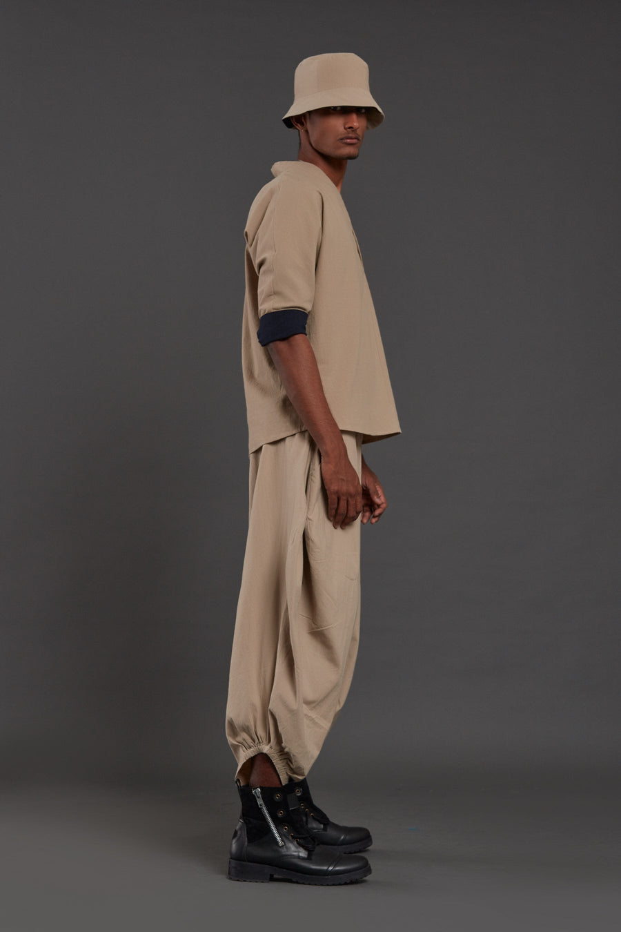 A Model Wearing Beige Pure Cotton Beige Overlap Baggy Set, curated by Only Ethikal