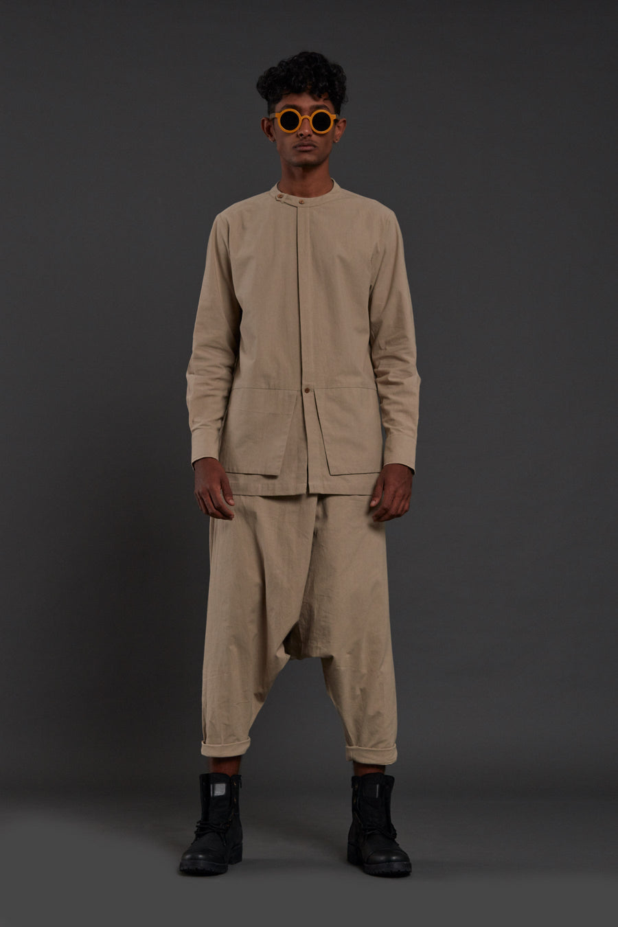 A Model Wearing Beige Pure Cotton Beige Pocket Dc Set, curated by Only Ethikal