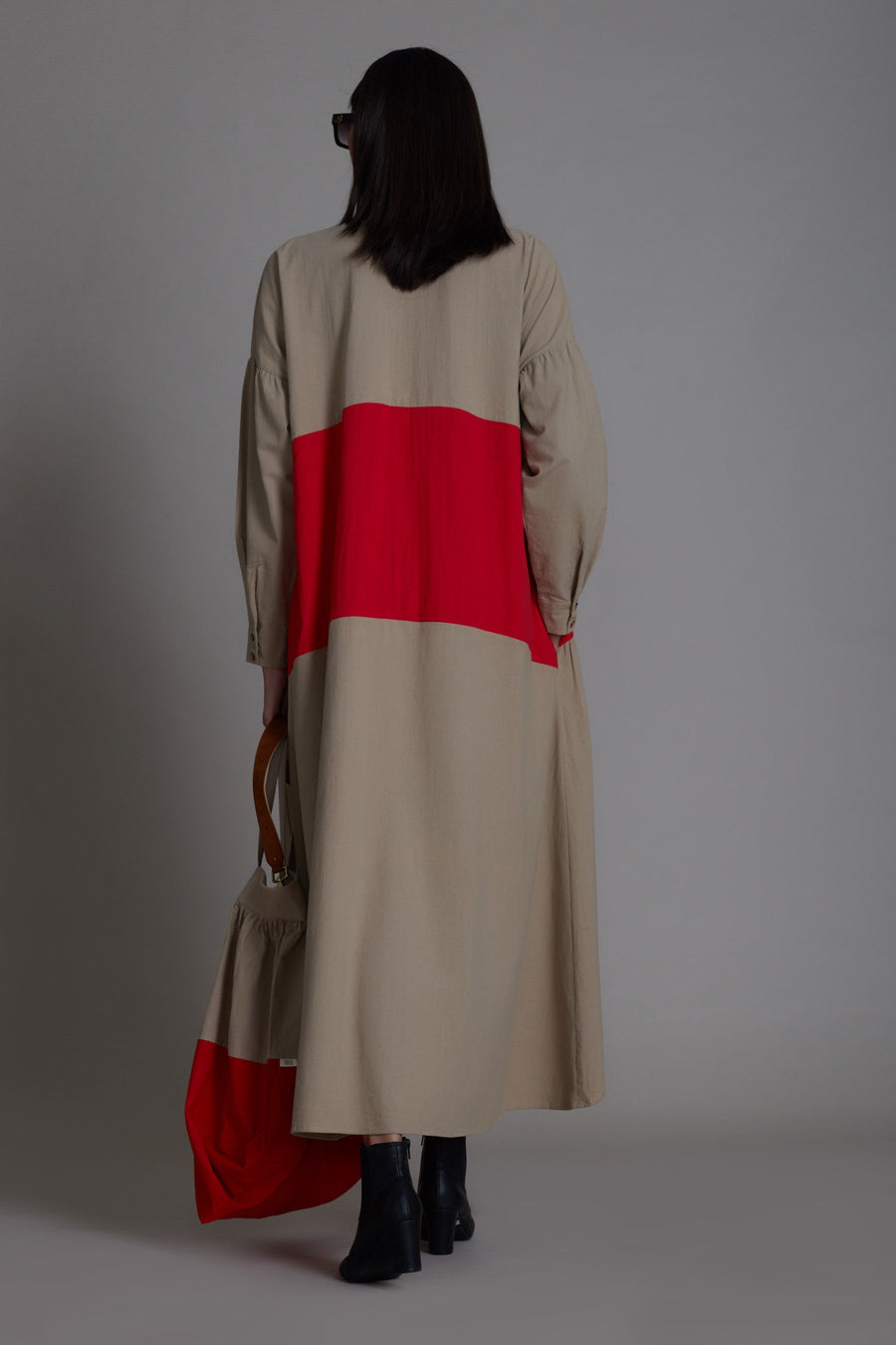 A Model Wearing Beige Pure Cotton Beige & Red Band Dress, curated by Only Ethikal