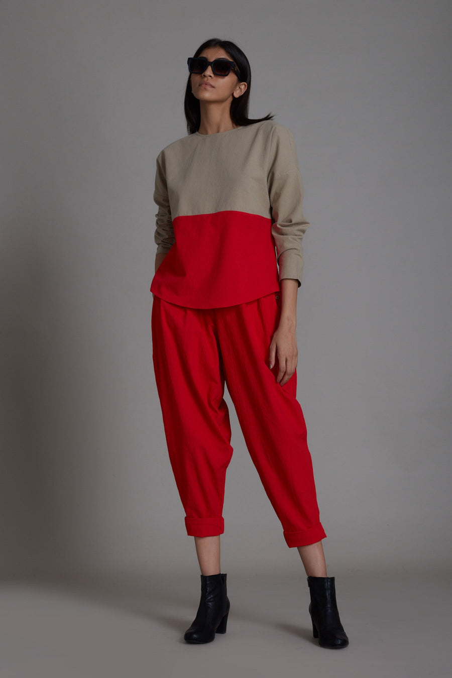 A Model Wearing Red Pure Cotton Beige & Red Rekin Set, curated by Only Ethikal