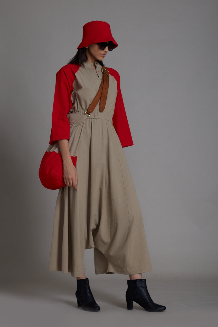 A Model Wearing Beige Pure Cotton Beige & Red Sphara Jumpsuit , curated by Only Ethikal