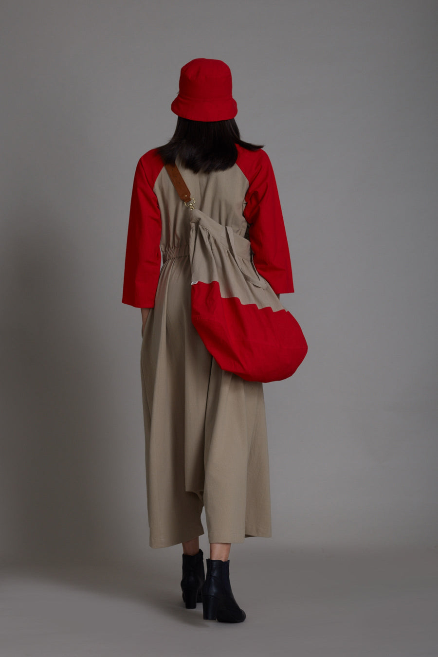 A Model Wearing Beige Pure Cotton Beige & Red Sphara Jumpsuit , curated by Only Ethikal