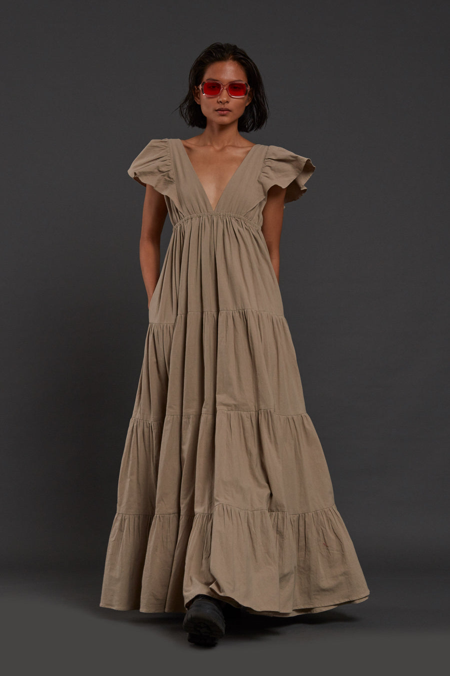 A Model Wearing Beige Pure Cotton Beige Tiered Gown, curated by Only Ethikal