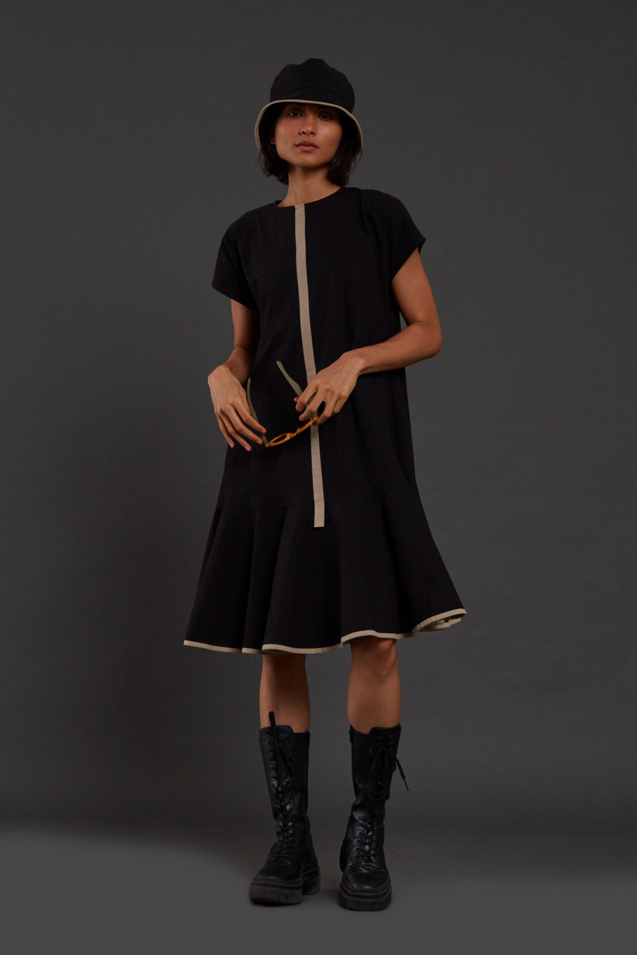 A Model Wearing Black Pure Cotton Black A-line Short Dress, curated by Only Ethikal