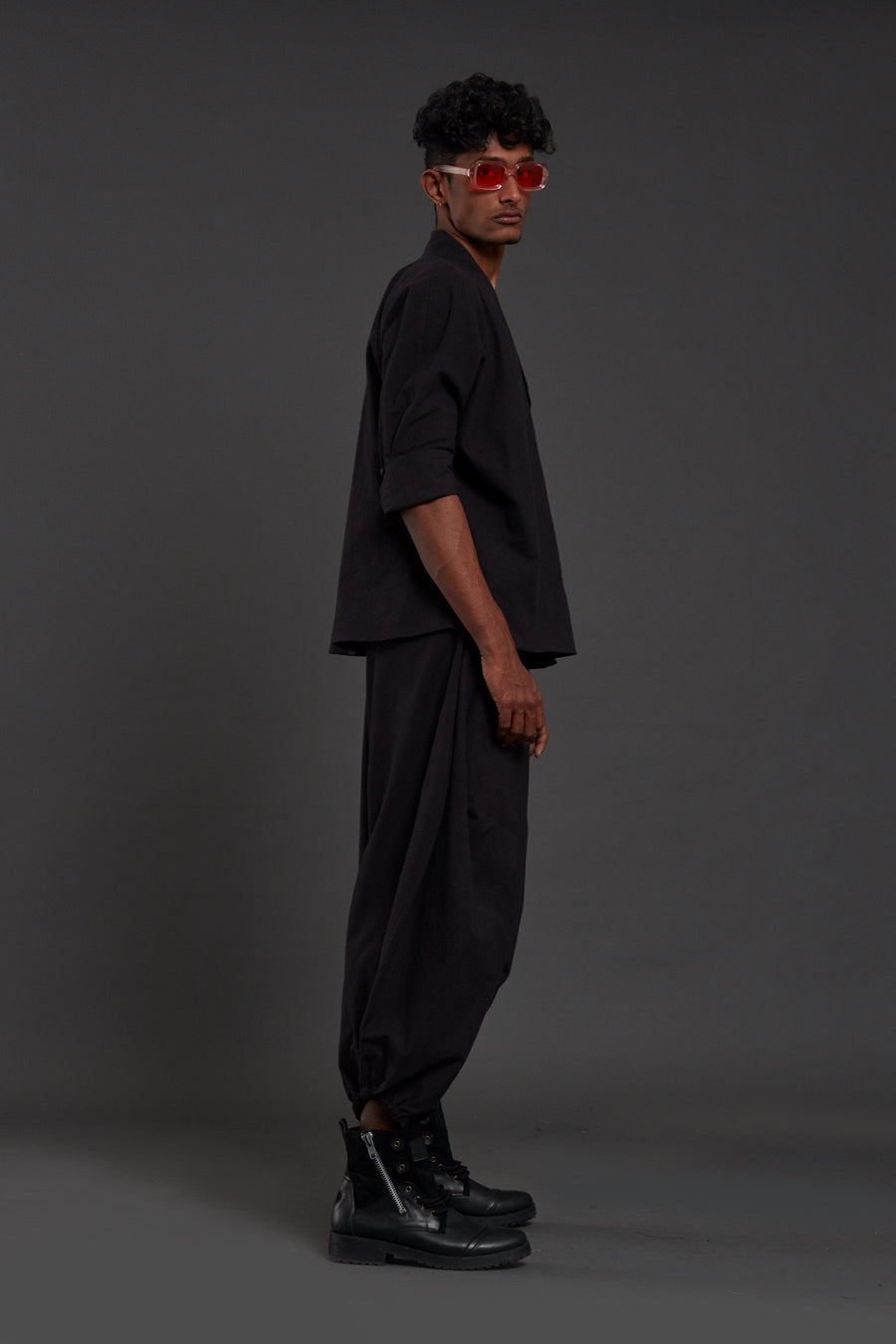 A Model Wearing Black Pure Cotton Black Baggy Pants, curated by Only Ethikal