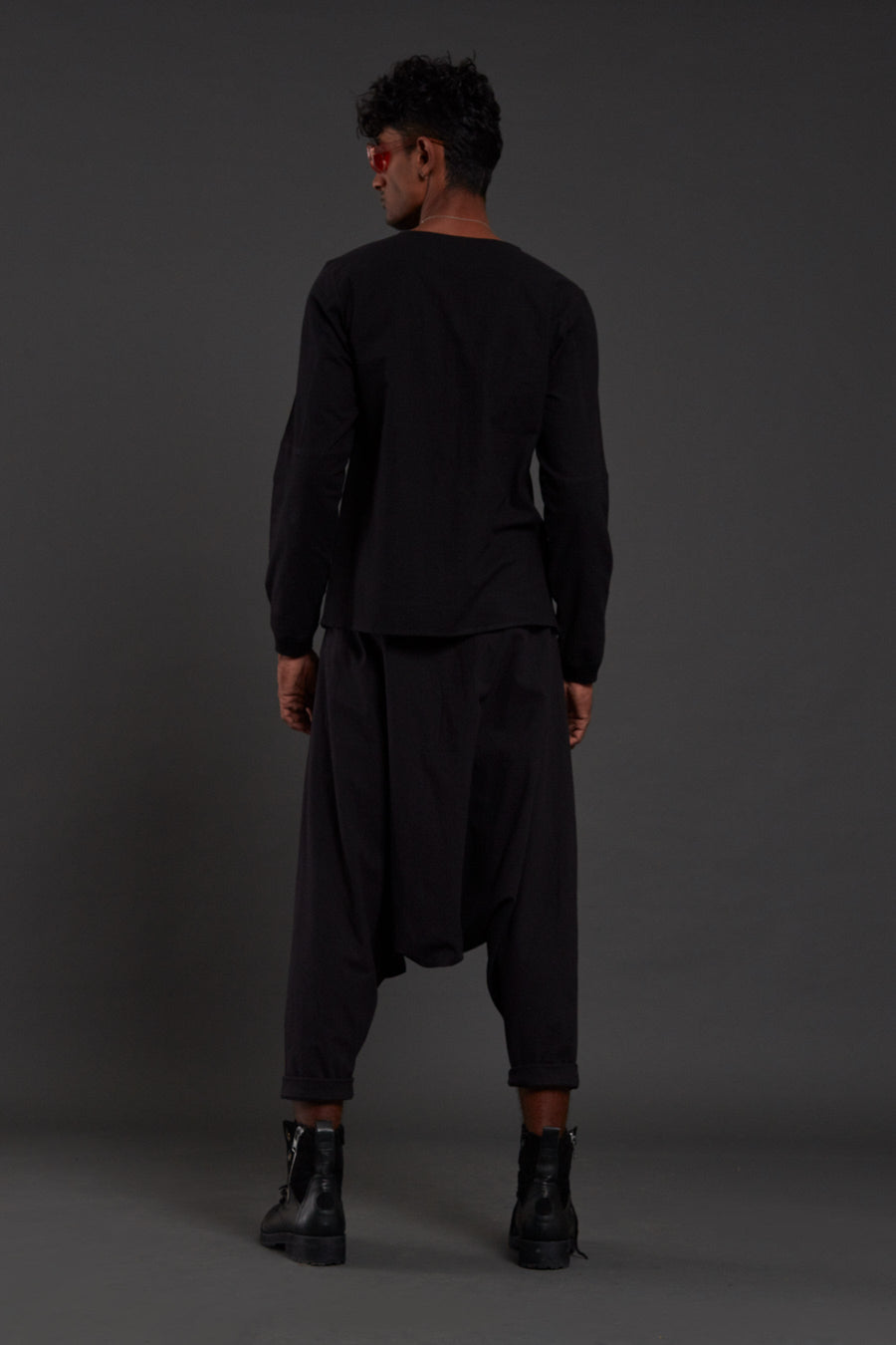 A Model Wearing Black Pure Cotton Black Drop Crotch Pants, curated by Only Ethikal