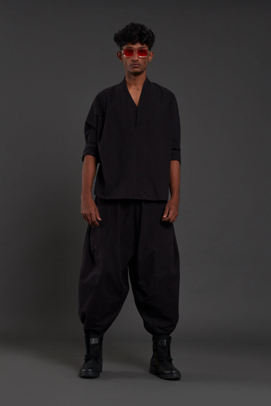 A Model Wearing Black Pure Cotton Black Overlap Baggy Set, curated by Only Ethikal