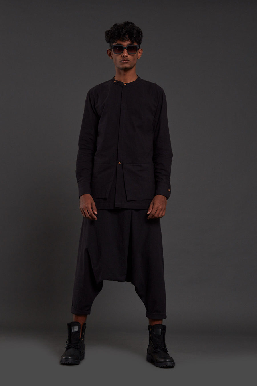 A Model Wearing Black Pure Cotton Black Pocket Dc Set, curated by Only Ethikal