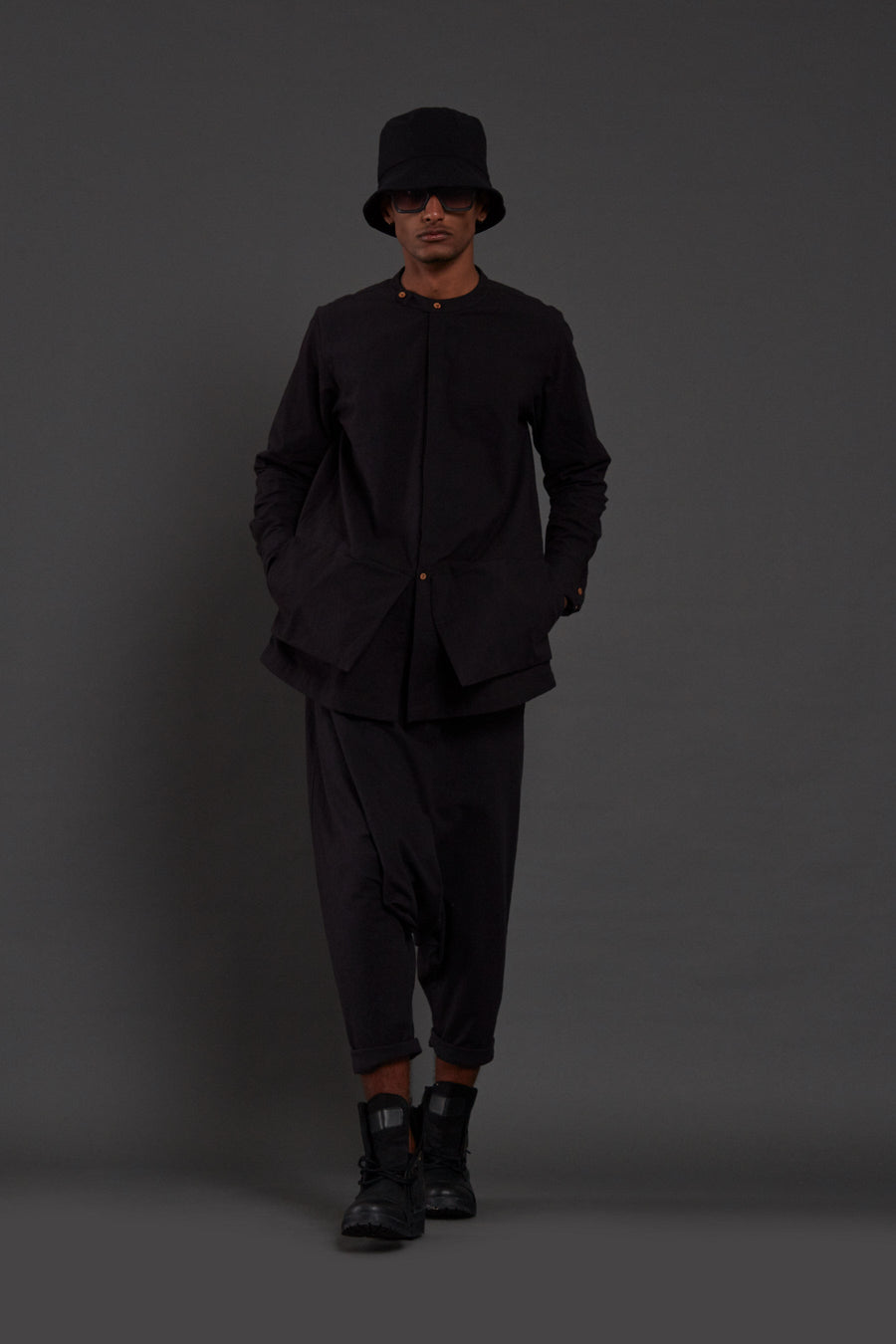 A Model Wearing Black Pure Cotton Black Pocket Dc Set, curated by Only Ethikal