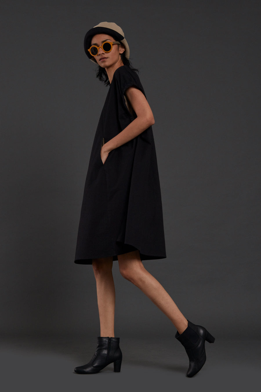 A Model Wearing Black Pure Cotton Black Pocket Dress, curated by Only Ethikal