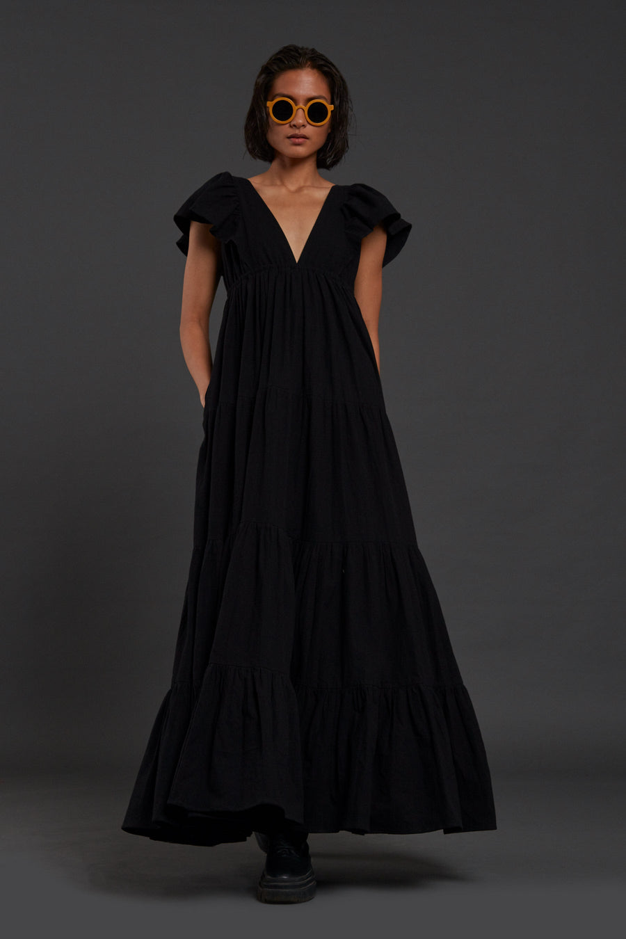 A Model Wearing Black Pure Cotton Black Tiered Gown, curated by Only Ethikal